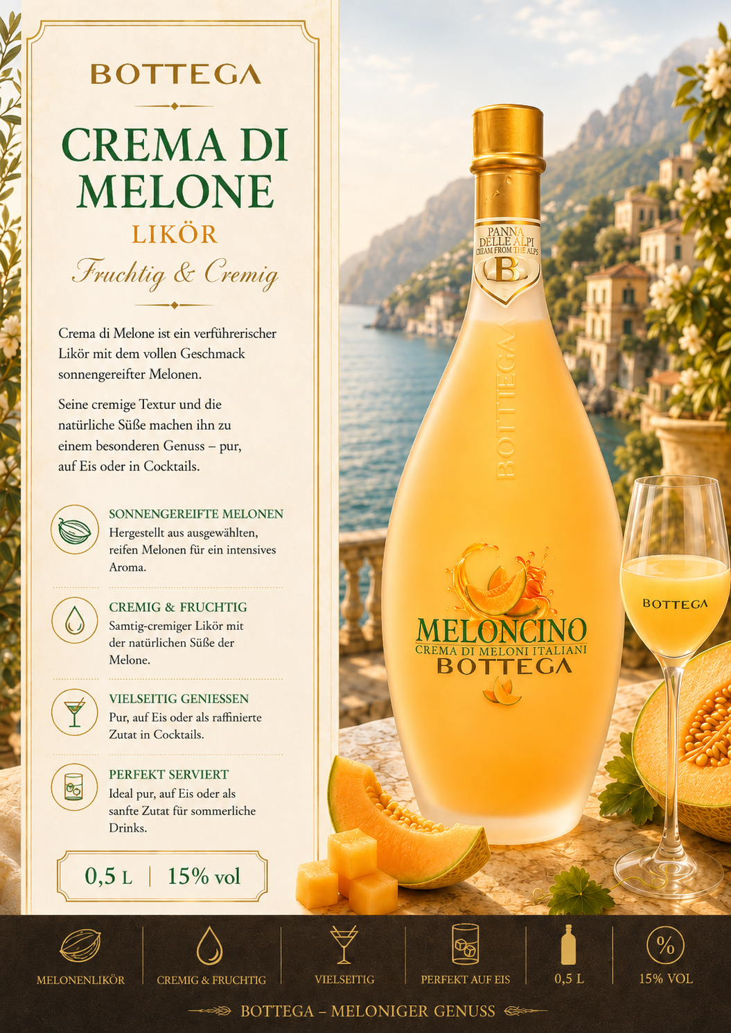Melonlikör, Melonenlikör, Flasche, Flüssigkeit, Kegelform