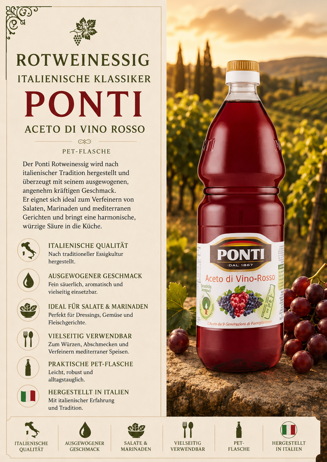 Aceto di Vino Rosso, Rotweinessig, Italienische Qualität, Pet-Flasche, Ponti