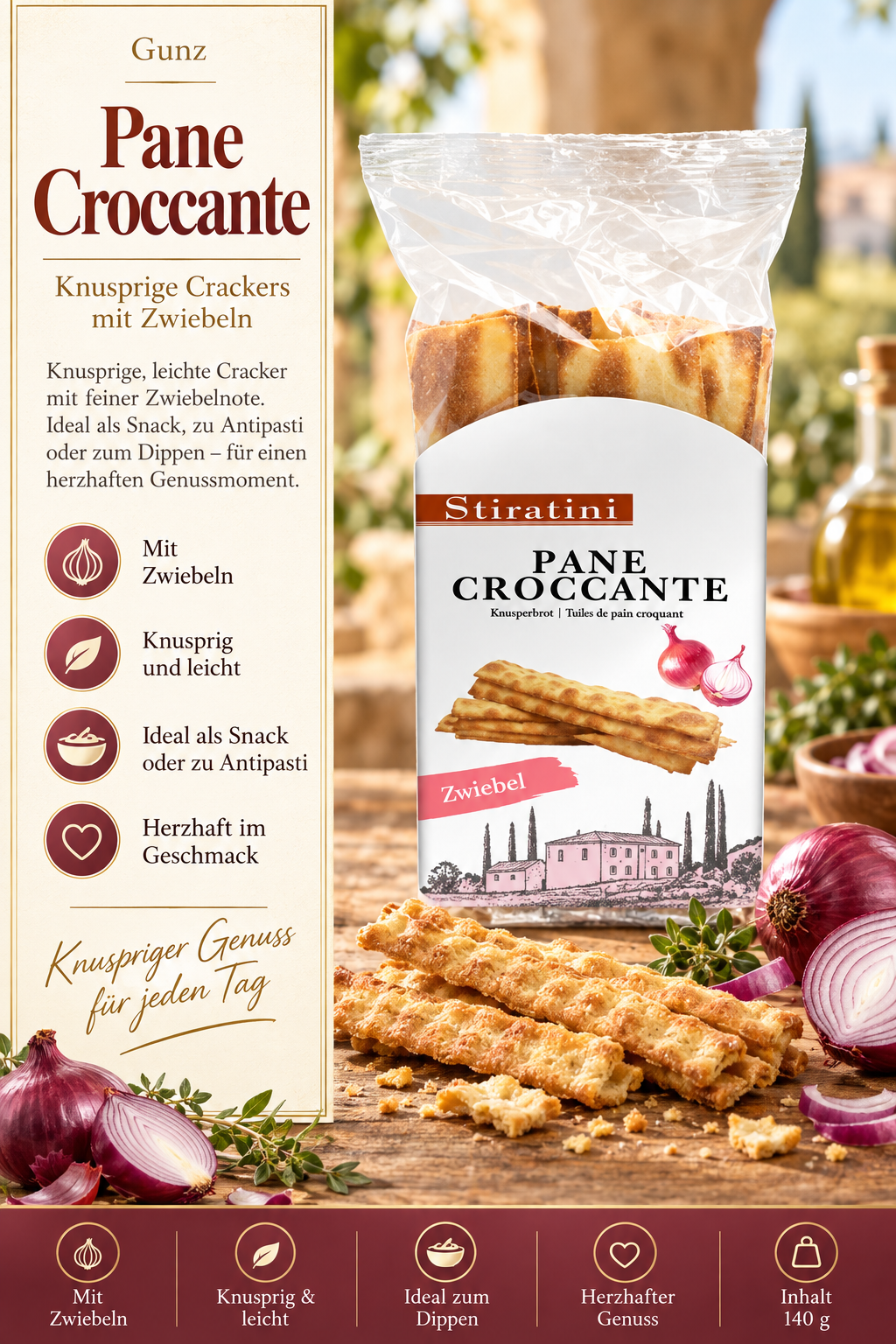Knabberstangen, Zwiebelcracker, Pane Croccante, Knusprig, Knusprig & leicht