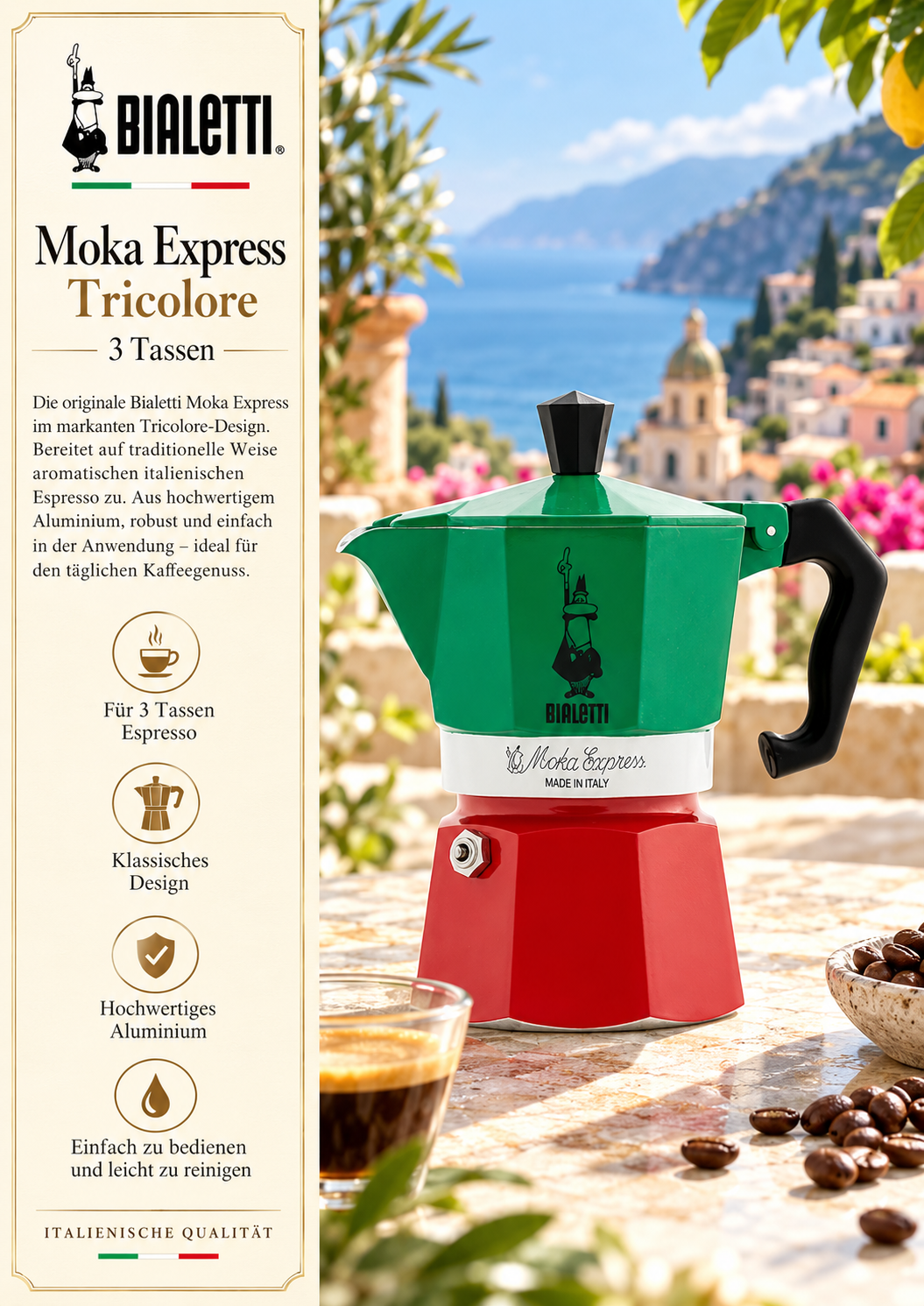Kaffeelöfer, Espresso-Kanne, Tricolore Design, Aluminium, Moka Express