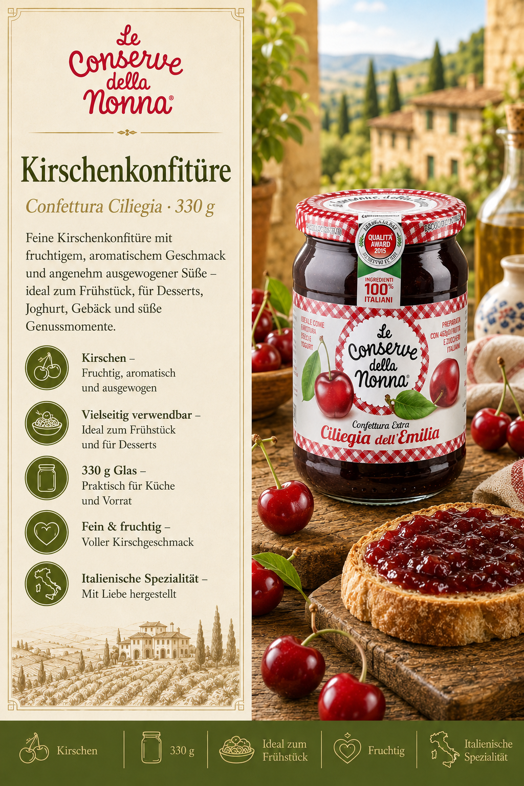 Kirschkonfitüre, Kirschen, Glas 330 g, Italienische Spezialität, Fruchtig