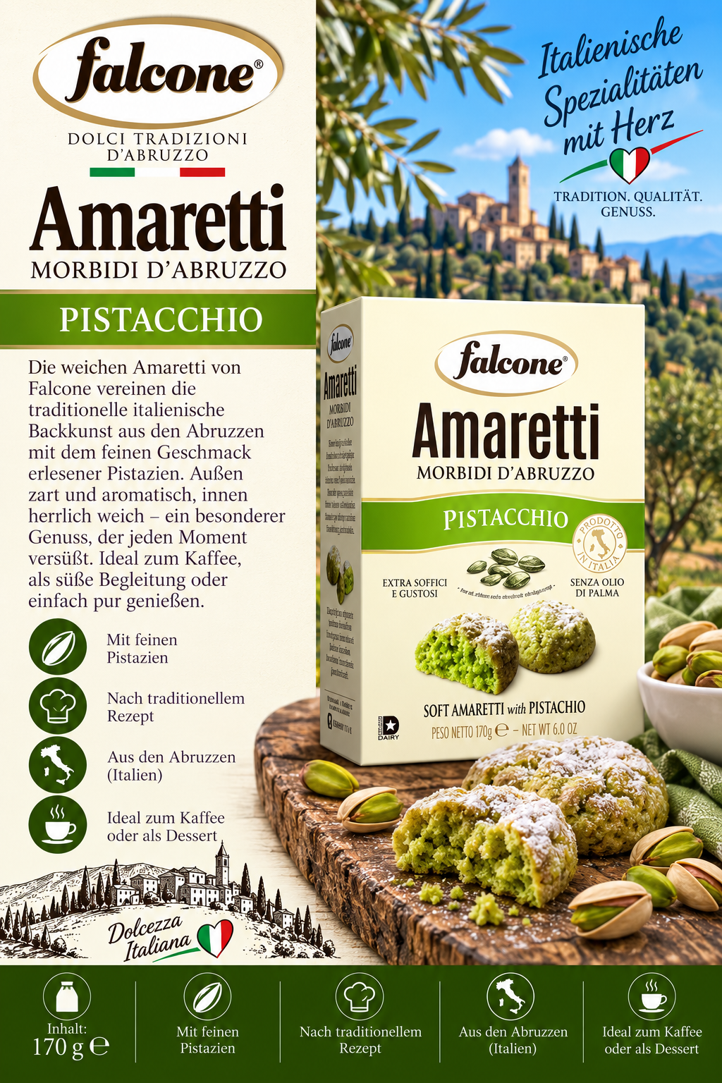 Amaretti, Pistacchio, Morbidi d'Abruzzo, 170 g, Italienische Snack