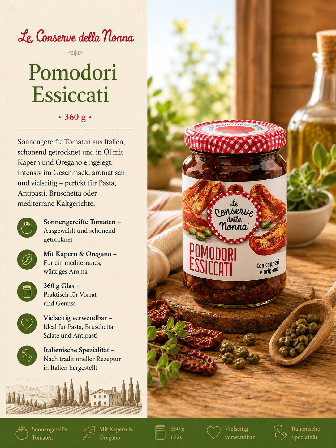 Pomodori essiccati, Olio?, Pomodori secchi con origano, Barattolo di vetro, Etichetta italiana