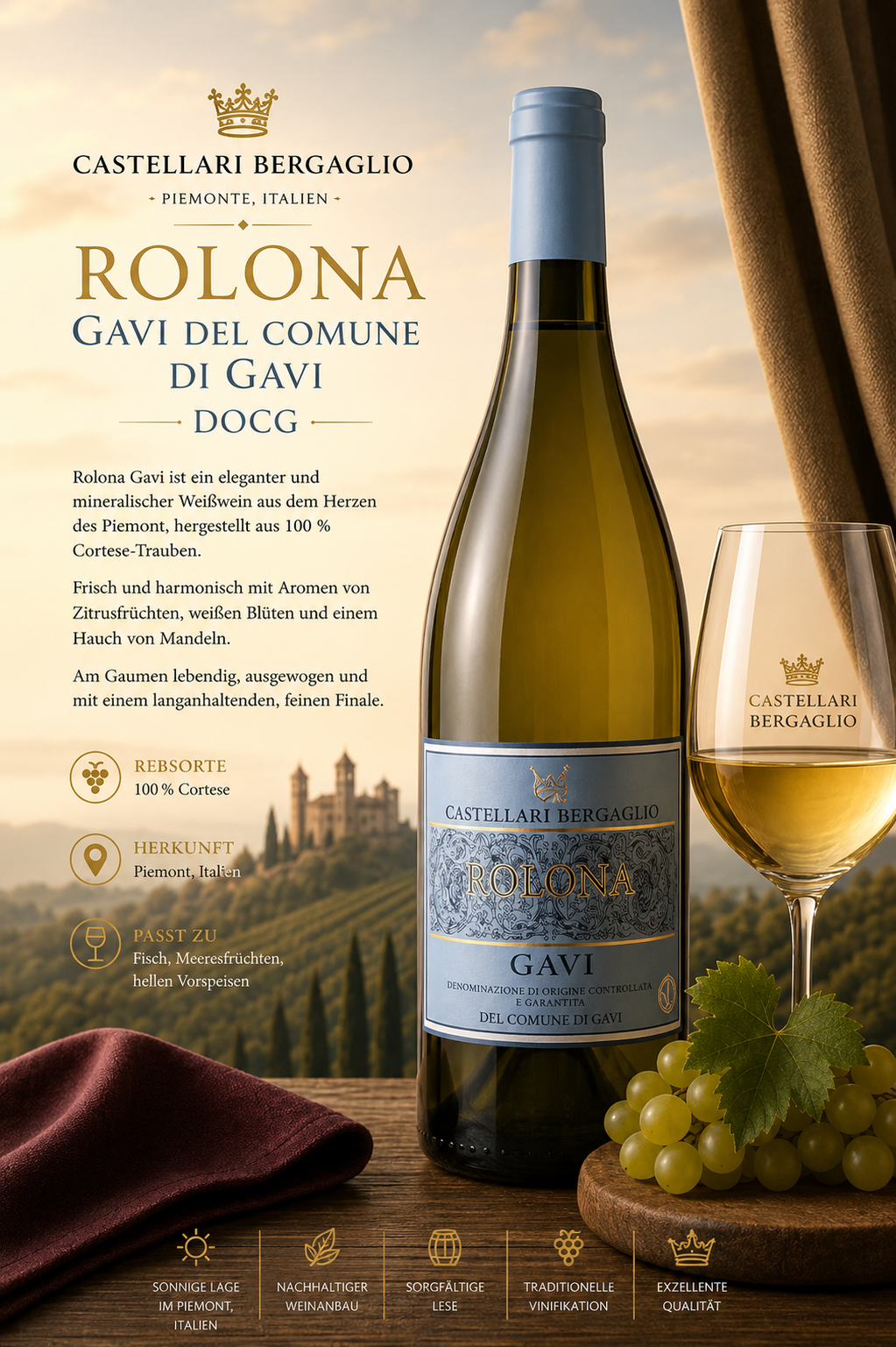 Weißwein, Gavi, Rolona, Flasche, Kelchglas