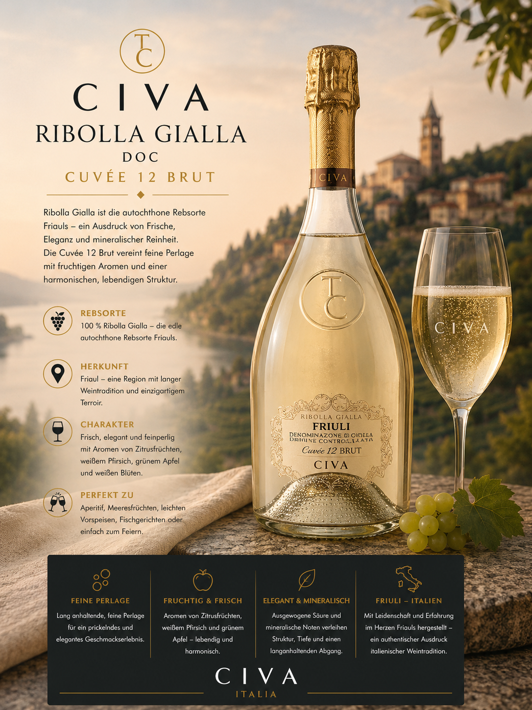 Champagne, Flasche, Trauben, Weinglas, Italien
