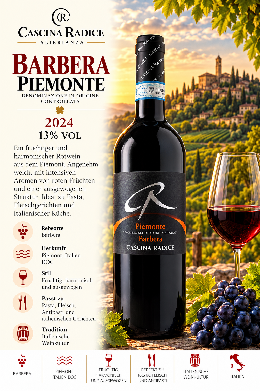 Barbera, Flasche, Piemonte, Rotwein, Cascina Radice