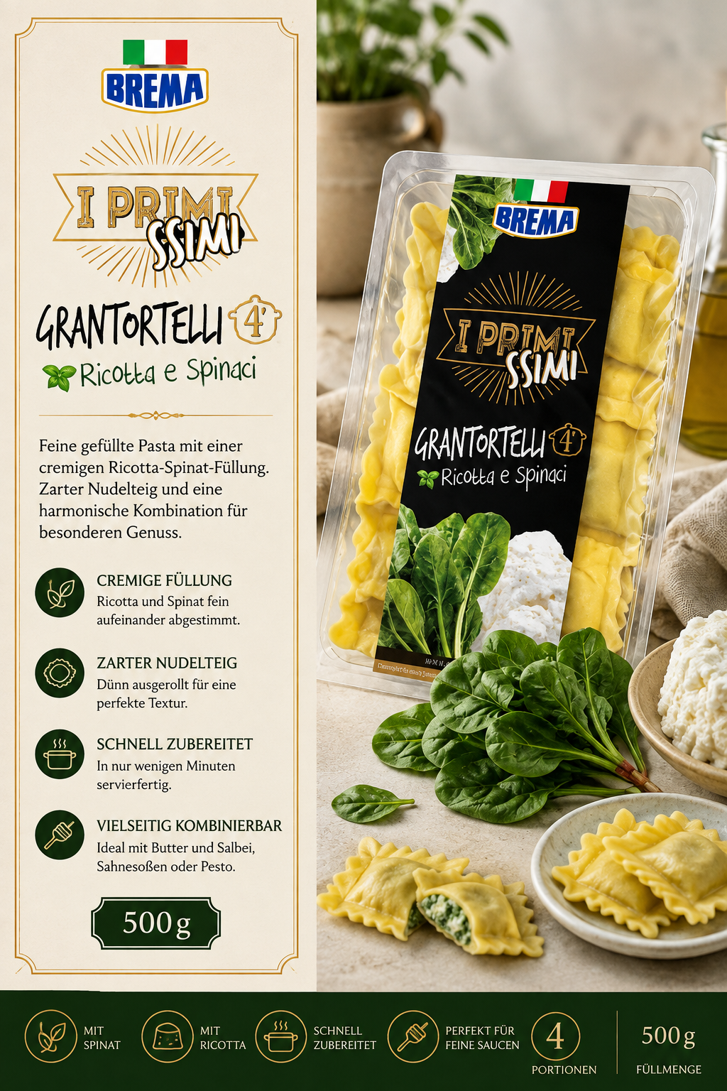 Pasta, Grüner Tortellini, Ricotta, Spinat, 500 g