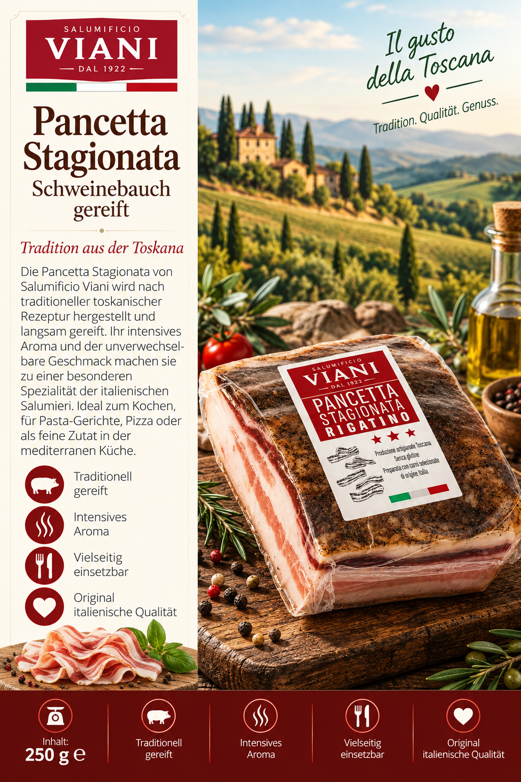 Pancetta, Schweinebauch, gereift, Italienische Qualität, 250 g