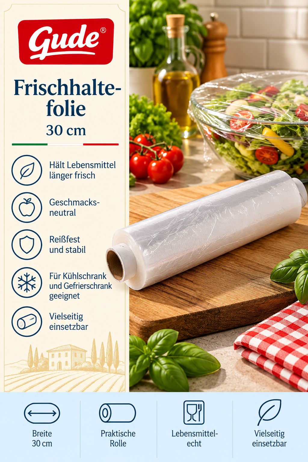 Frischhaltefolie, 30 cm, Rolle, Lebensmittelecht, Vielseitig einsetzbar