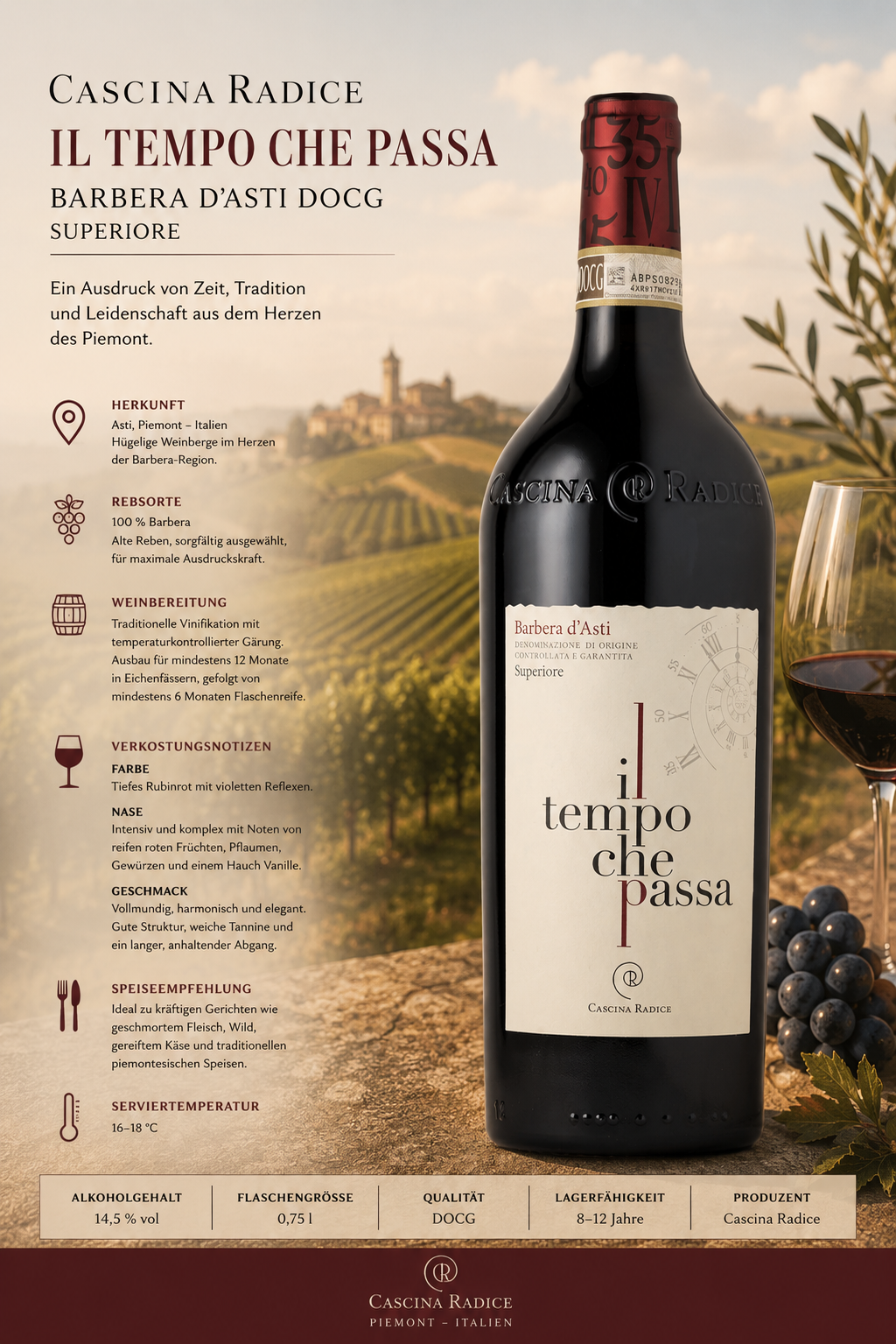 wein, barbera d'asti, rotwein, flasche, cascina radice