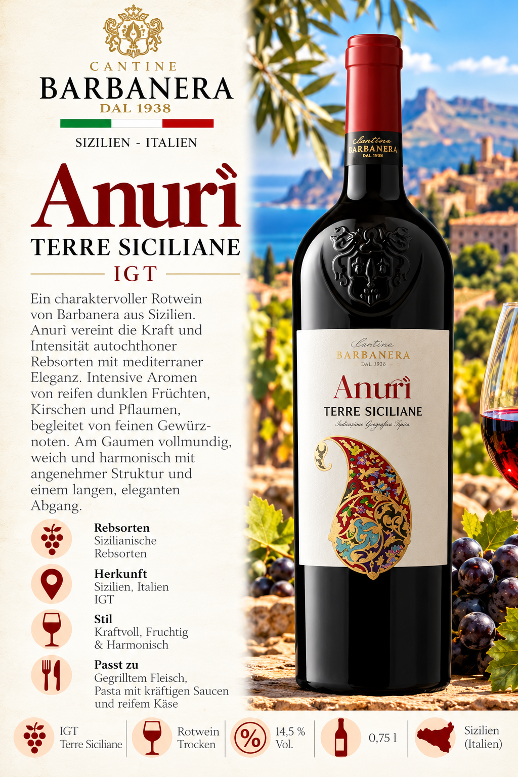 Rotwein, Terre Siciliane, Anuri, IGT, Italien