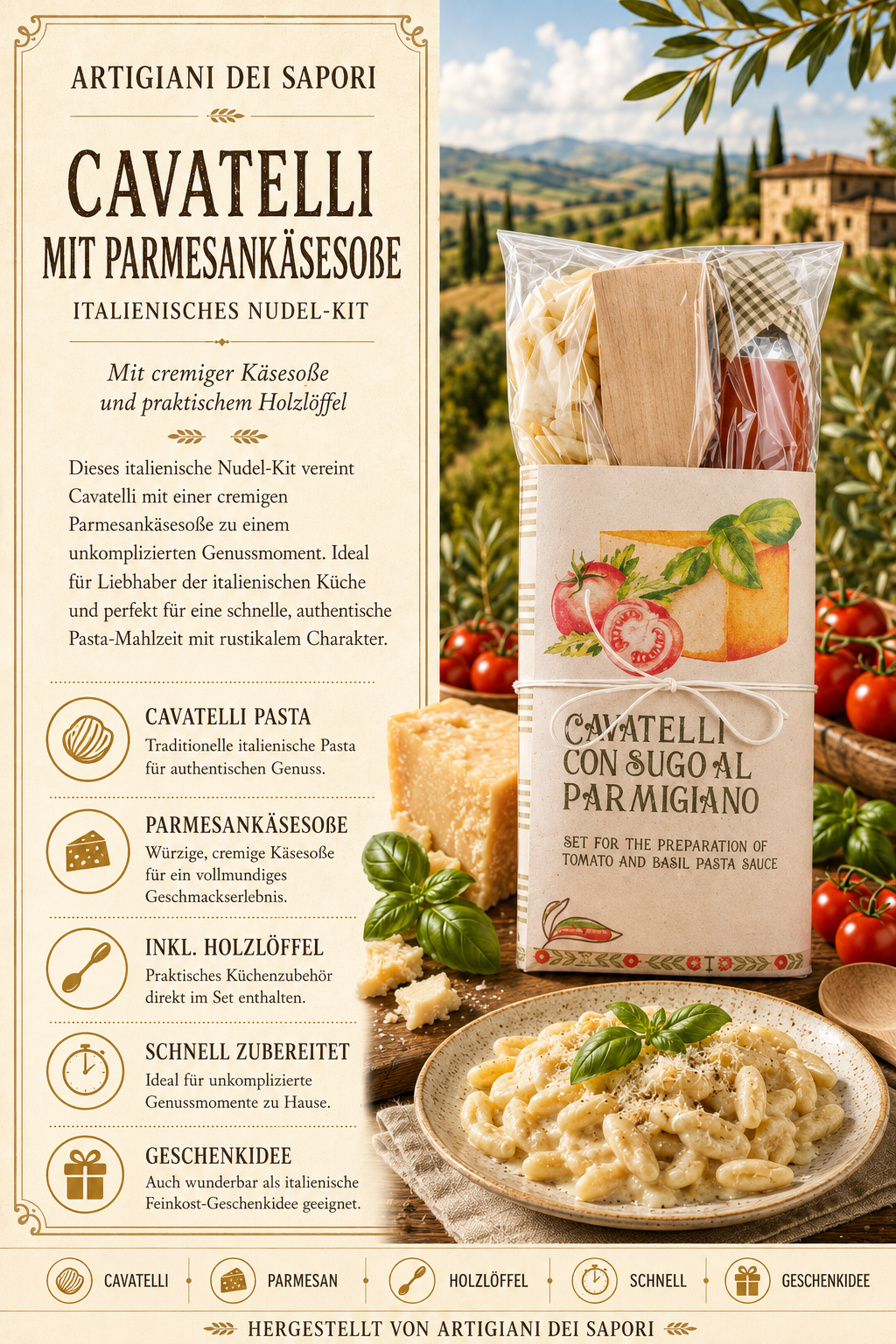 Nudeln, Pasta, Parmesan, Holzlöffel, Saucenkit