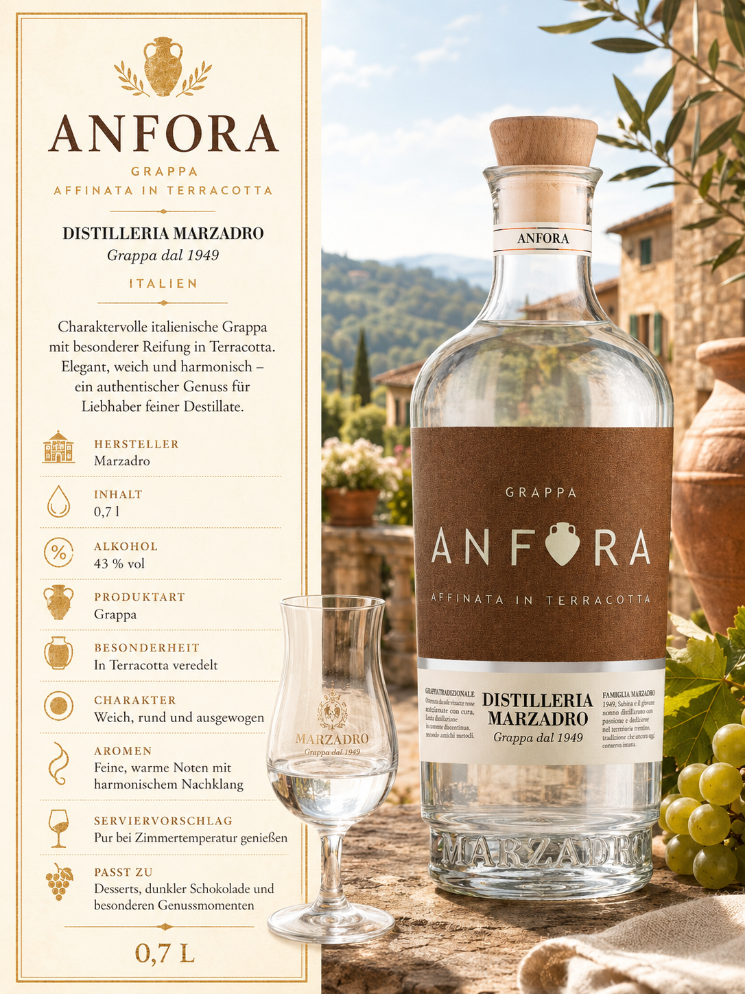 Grappa, Distilleria Marzadro, 0,7 L, Vase, Flasche