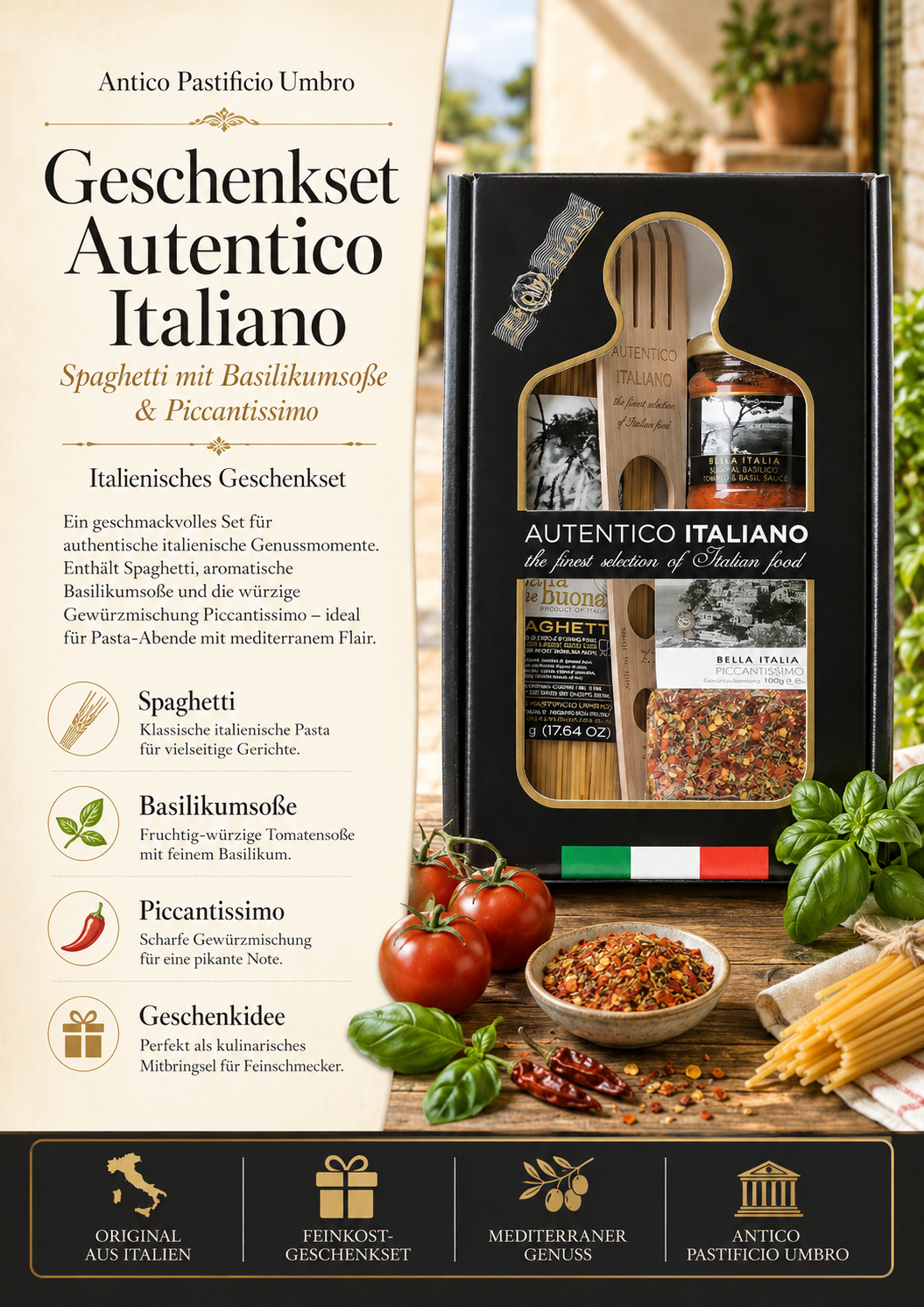 Spaghetti, Basilikumsoße, Piccantissimo, Geschenkset, Italienisches Geschenkset