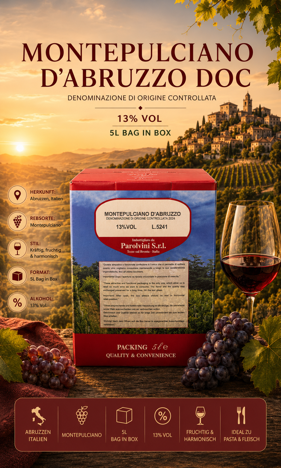 5L bag in box, rote Box, Weinverpackung, Weinreben Bild, Italienischer Wein