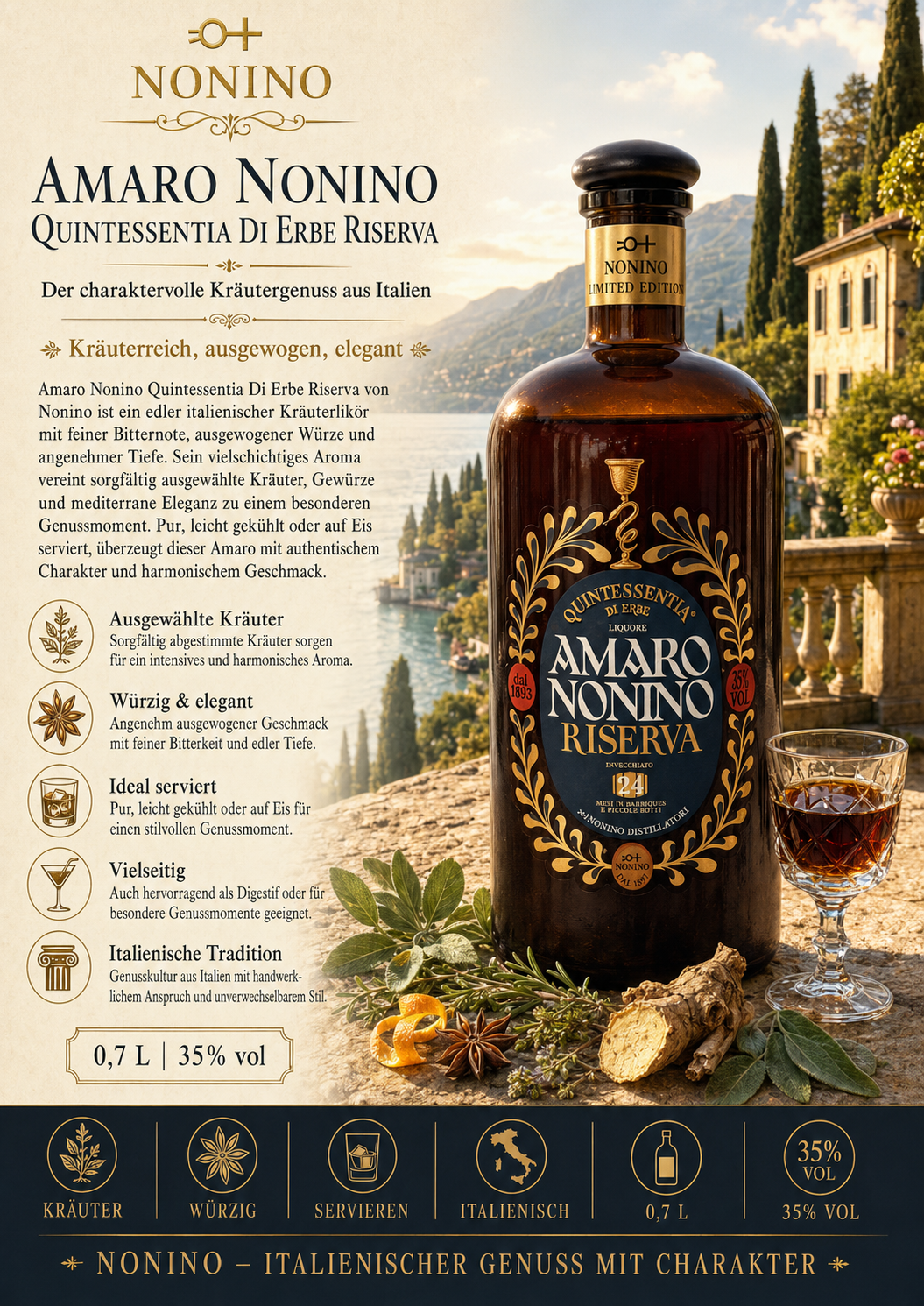 Amaro, Riserva, Kräuterlikör, Italien, Flasche