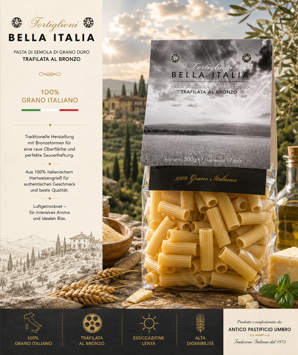 pasta, penne, italienisch, hartweizengrieß, grano italiano