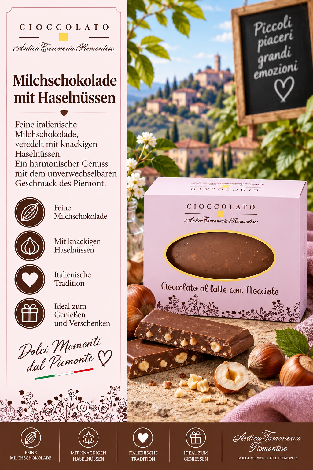Milchschokolade, Haselnüsse, ItalienischeTradition, DolciMomenti?, Schoko-Tafel?