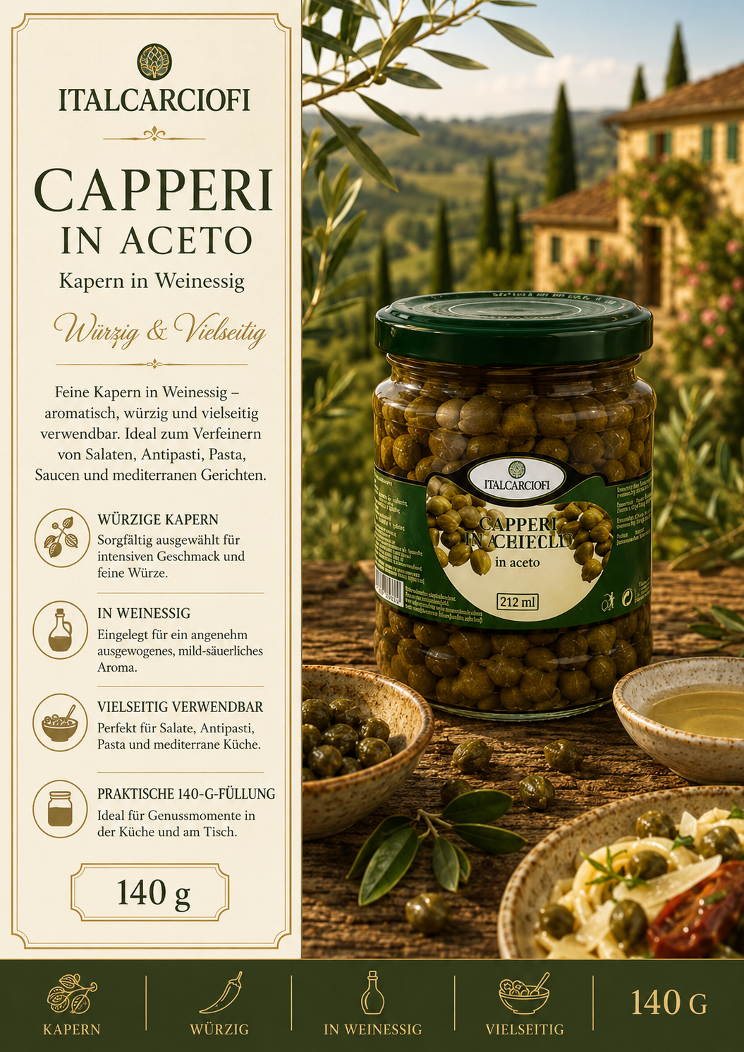 Kapern, Capperi in Aceto, Weinlessig, Gläser, 140 g