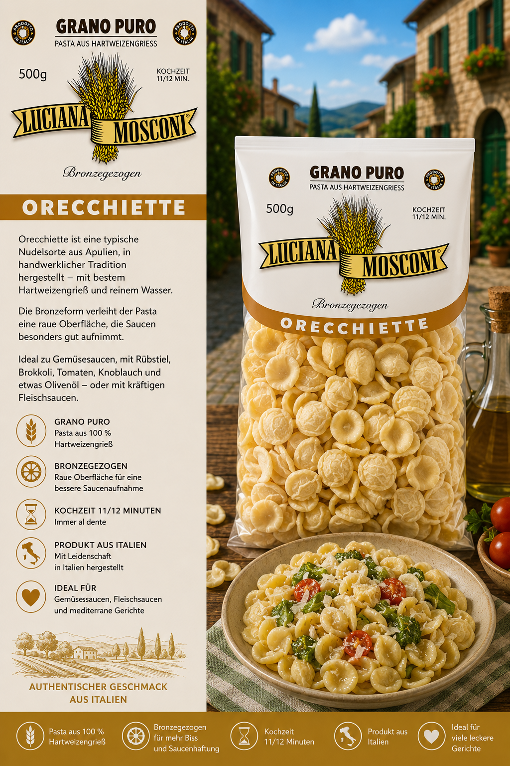 Pasta, Orecchiette, Hartweizengrieß, Bronzegezogen, 500g