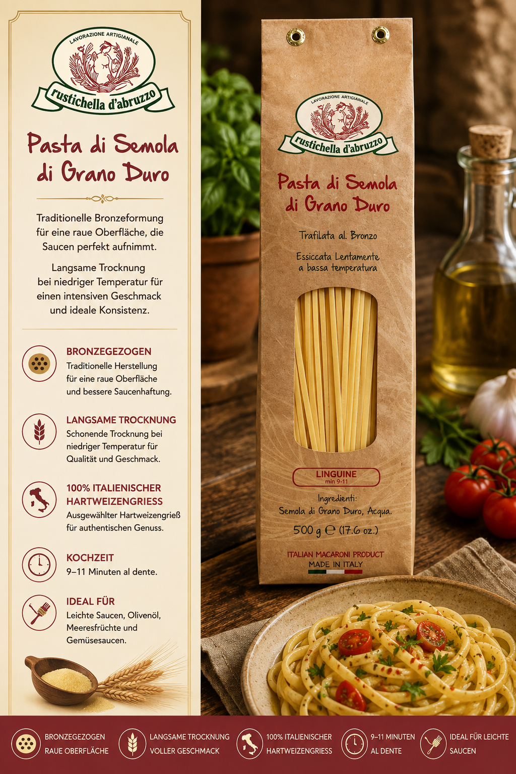 pasta, semola di grano duro, linguine, italienisch, goldfarbenes verpackungspapier