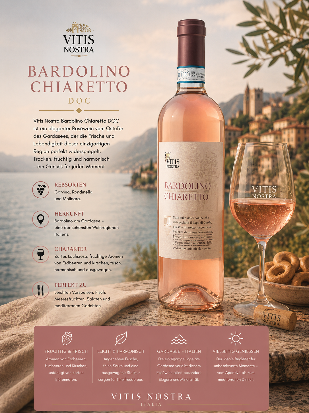 rosé, weinglas, flasche, italien, bardolino