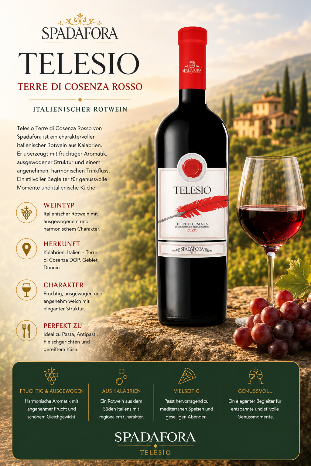 Wein, Rotwein, Terre di Cosenza Rosso, Flasche, Glas Rotwein