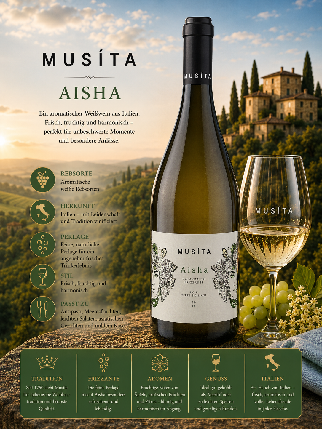 Weißwein, Italien, Aisha, Rebsorte, Flasche