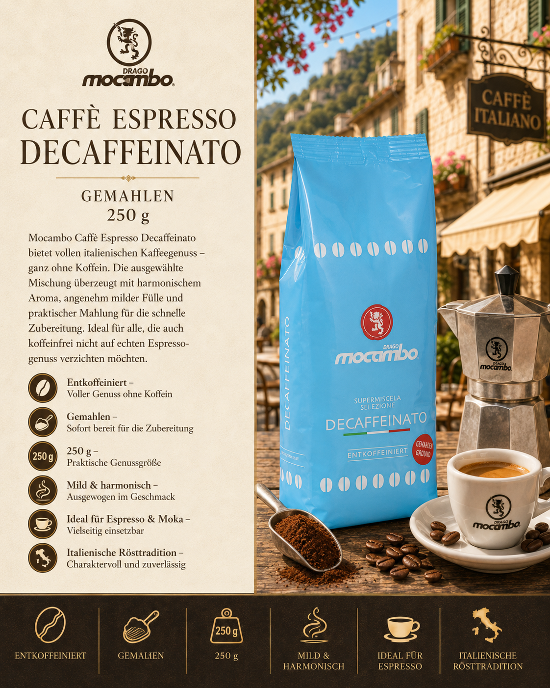 Kaffee, Caffè espresso, Decaffeinato, 250 g, Mocambo