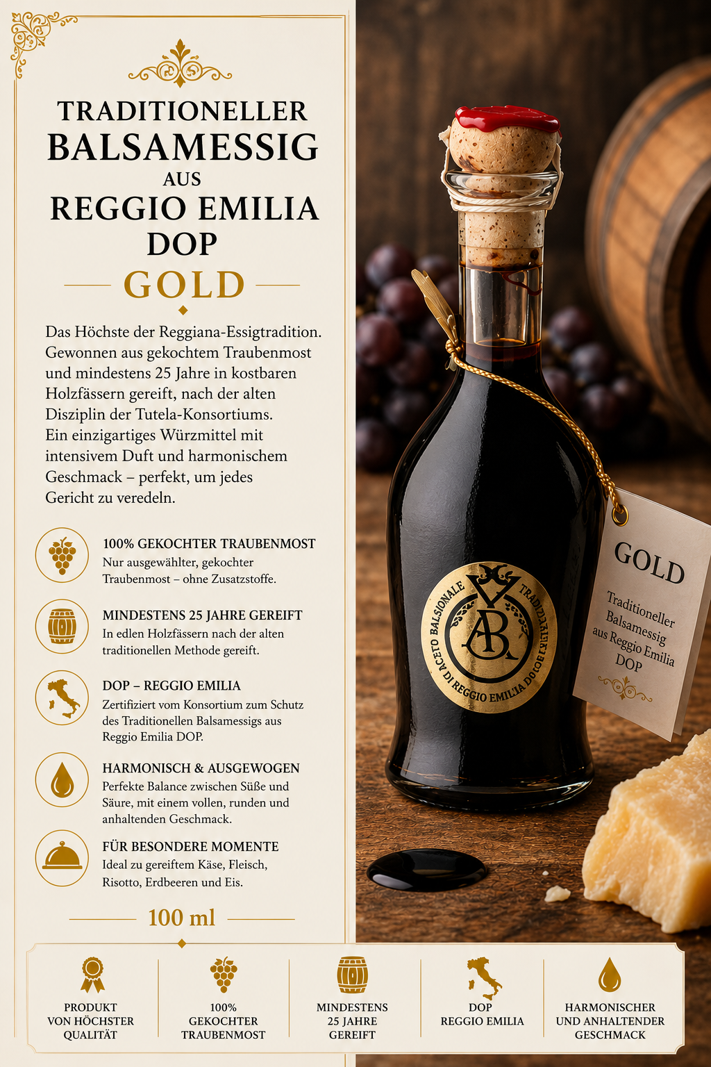 Balsamessig, Traditioneller Essig, Reggio Emilia, Goldlabel, Glasflasche