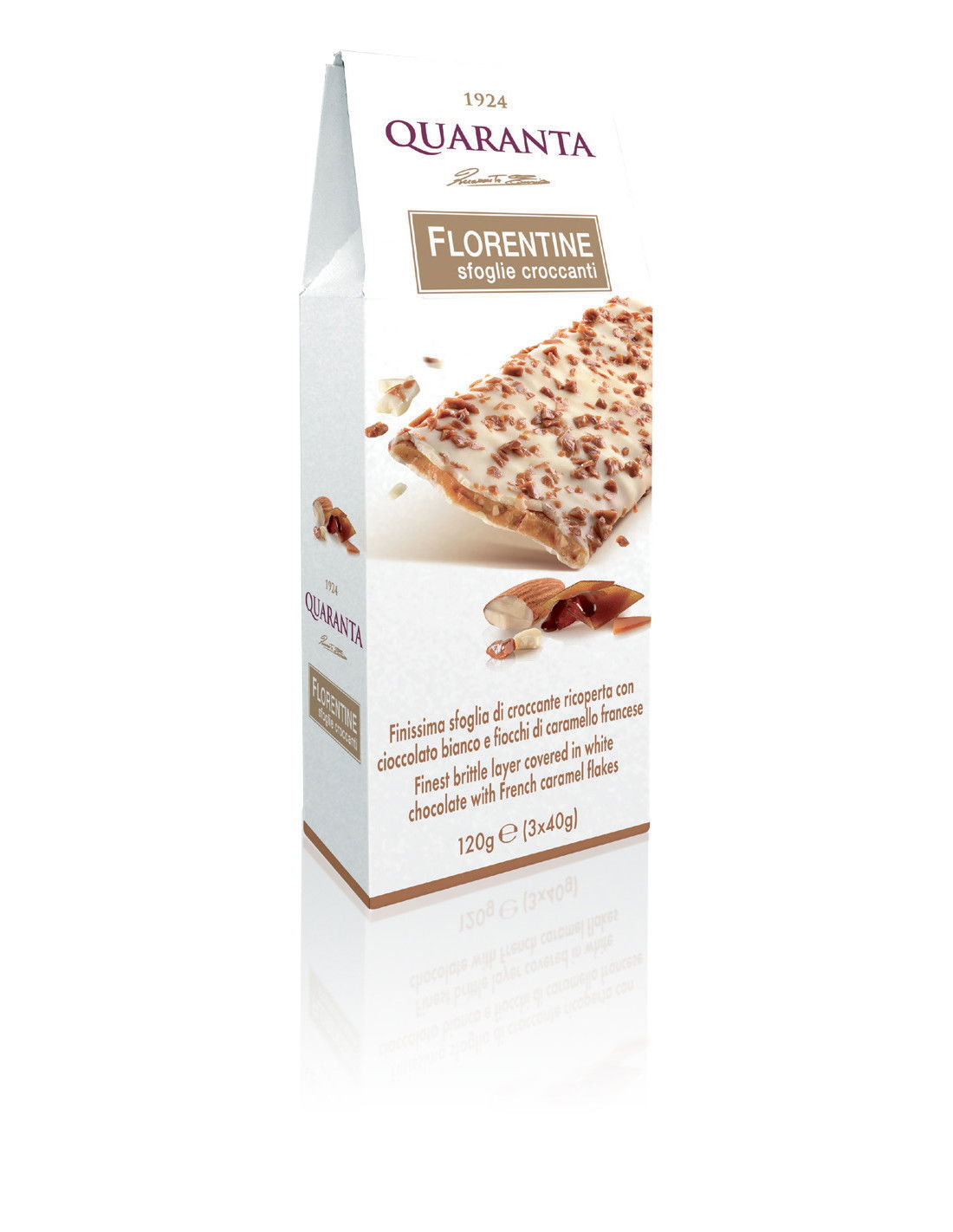 Florentine Krokant mit weißer Schokolade, Haselnüssen & Karamell 120g | Quaranta