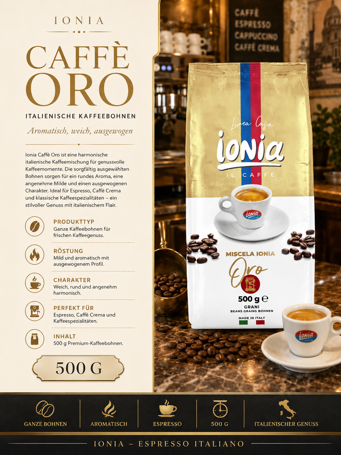 Kaffee Bohnen, Ganze Bohnen, 500 g, Italienisch, Espresso