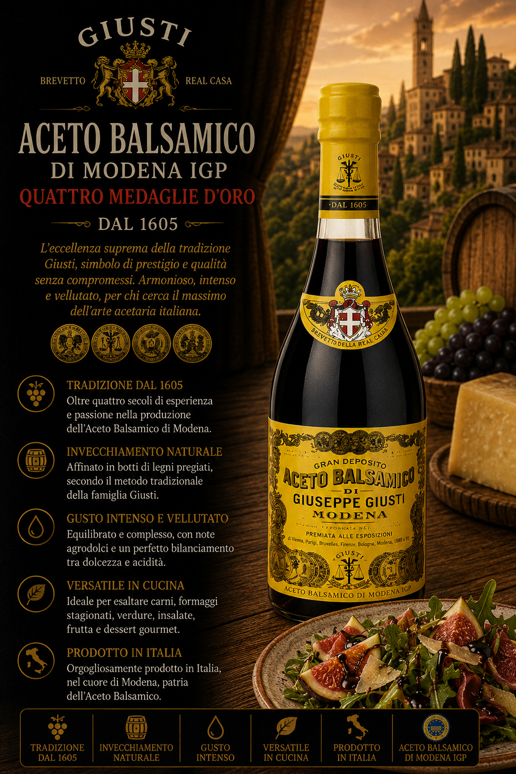 Aceto balsamico, Modena, Bottiglia, Etichetta gialla, Tradizione 1605