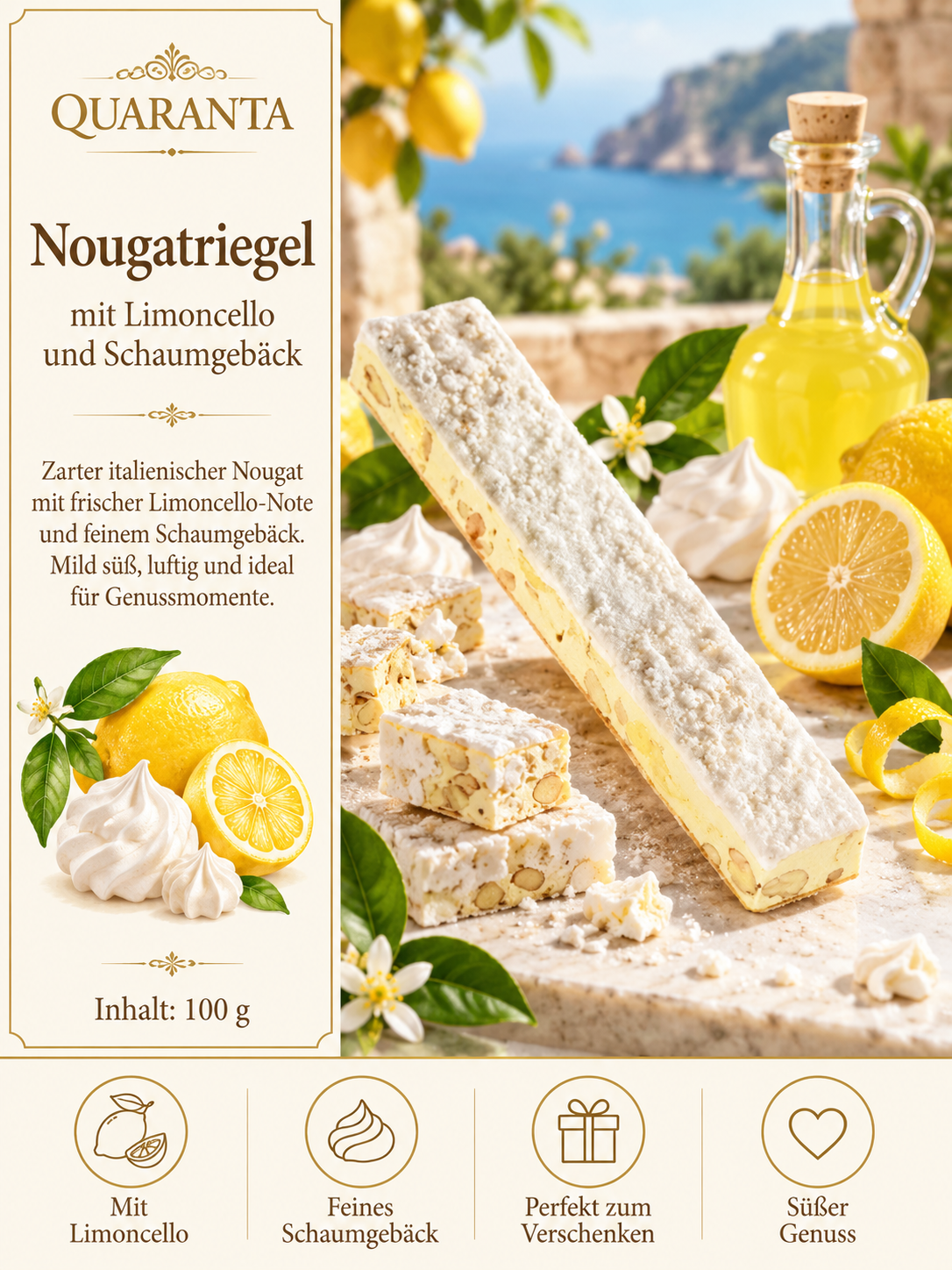 Nougat, Nougatstange, Limoncello, Schaumgebäck, Italienische Leckerei