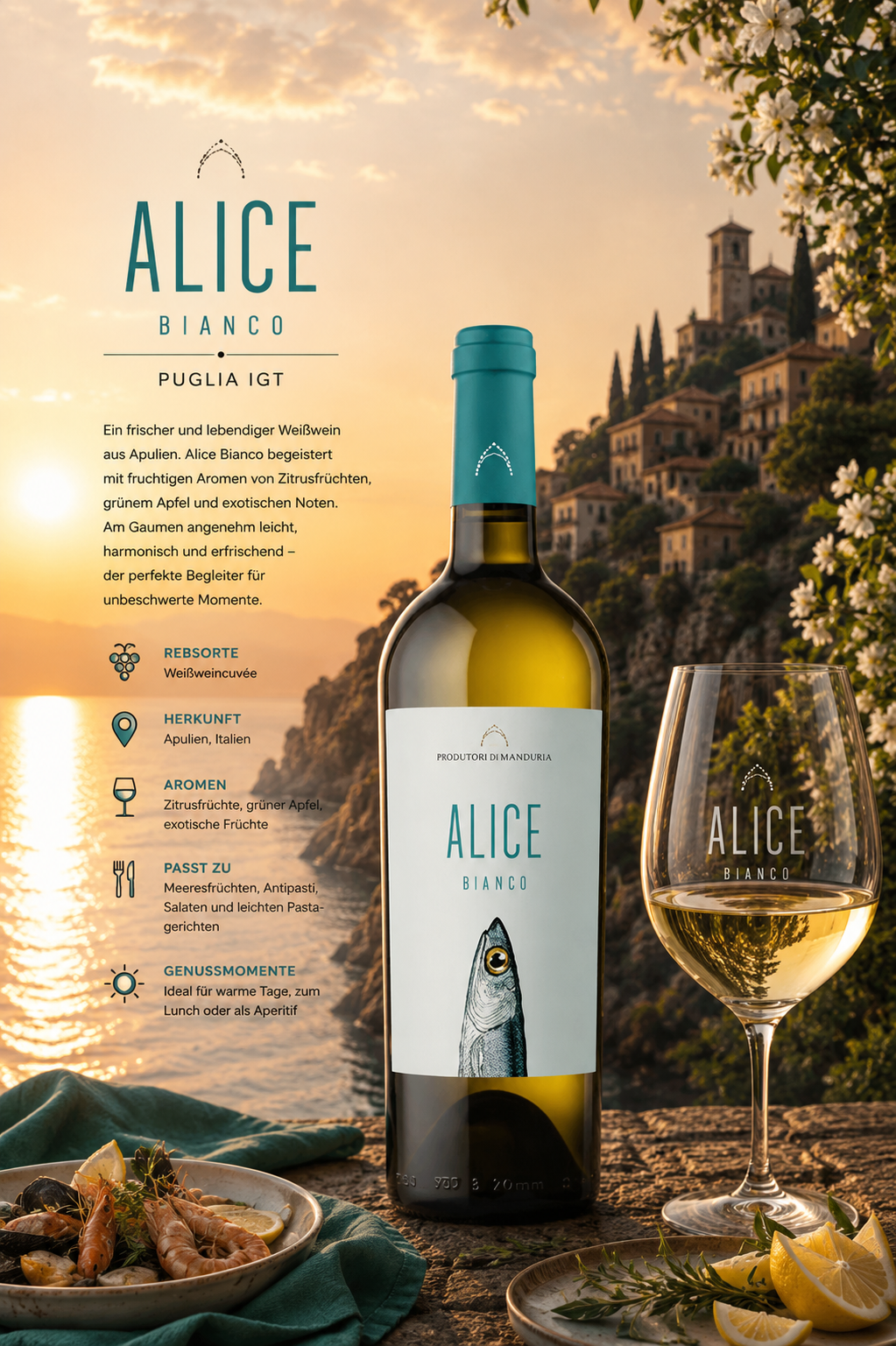 Weißwein, Weißweinflasche, Alice Bianco, Puglia, Weinglas