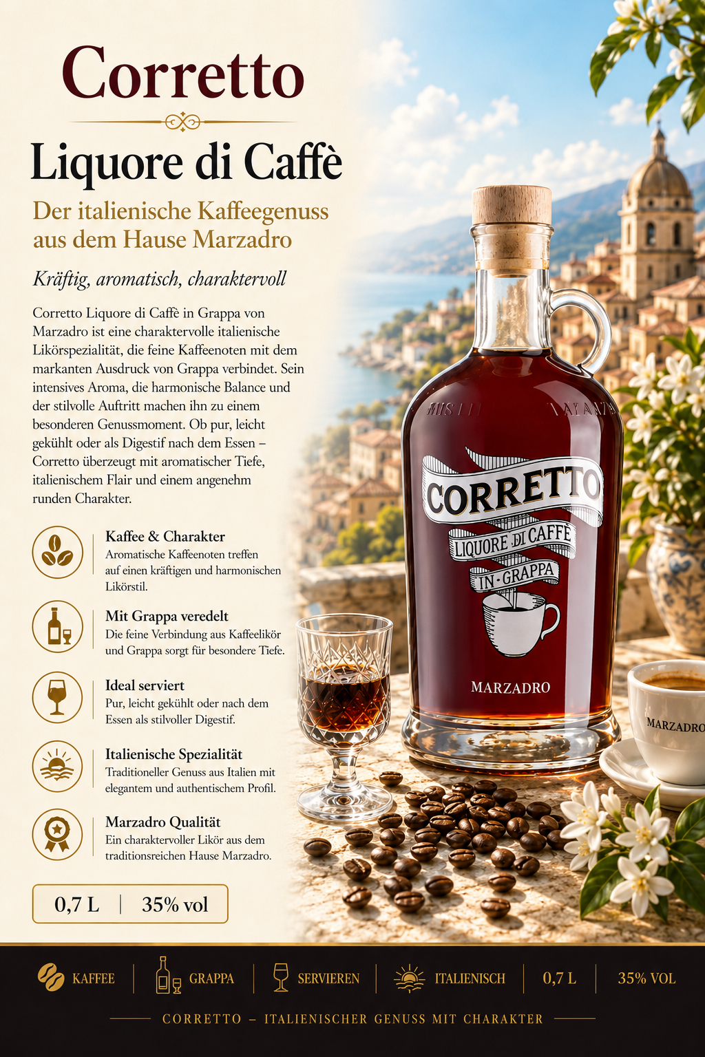 Likör, Kaffeedominant, Grappa, Flasche, Barrel-Design