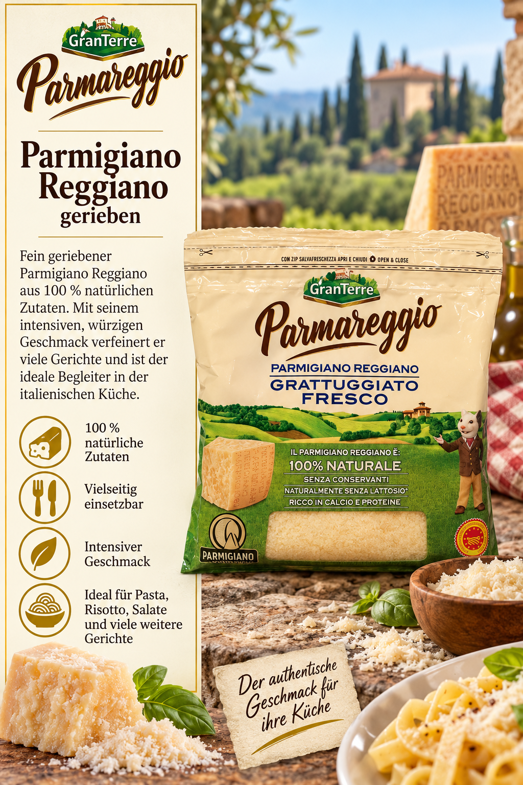 Parmesan, Parmigiano Reggiano, Käse, Pasta-Beilage, NaturreMolke?