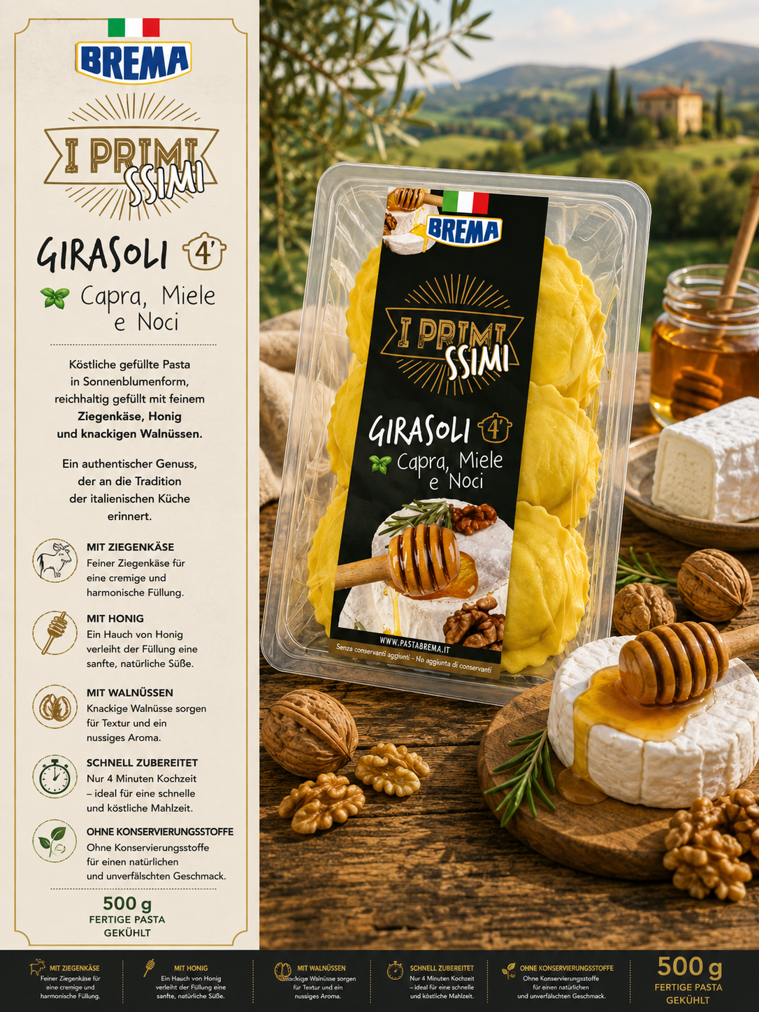 pasta, gnocchi, girasoli, capra formaggio, miele nuts