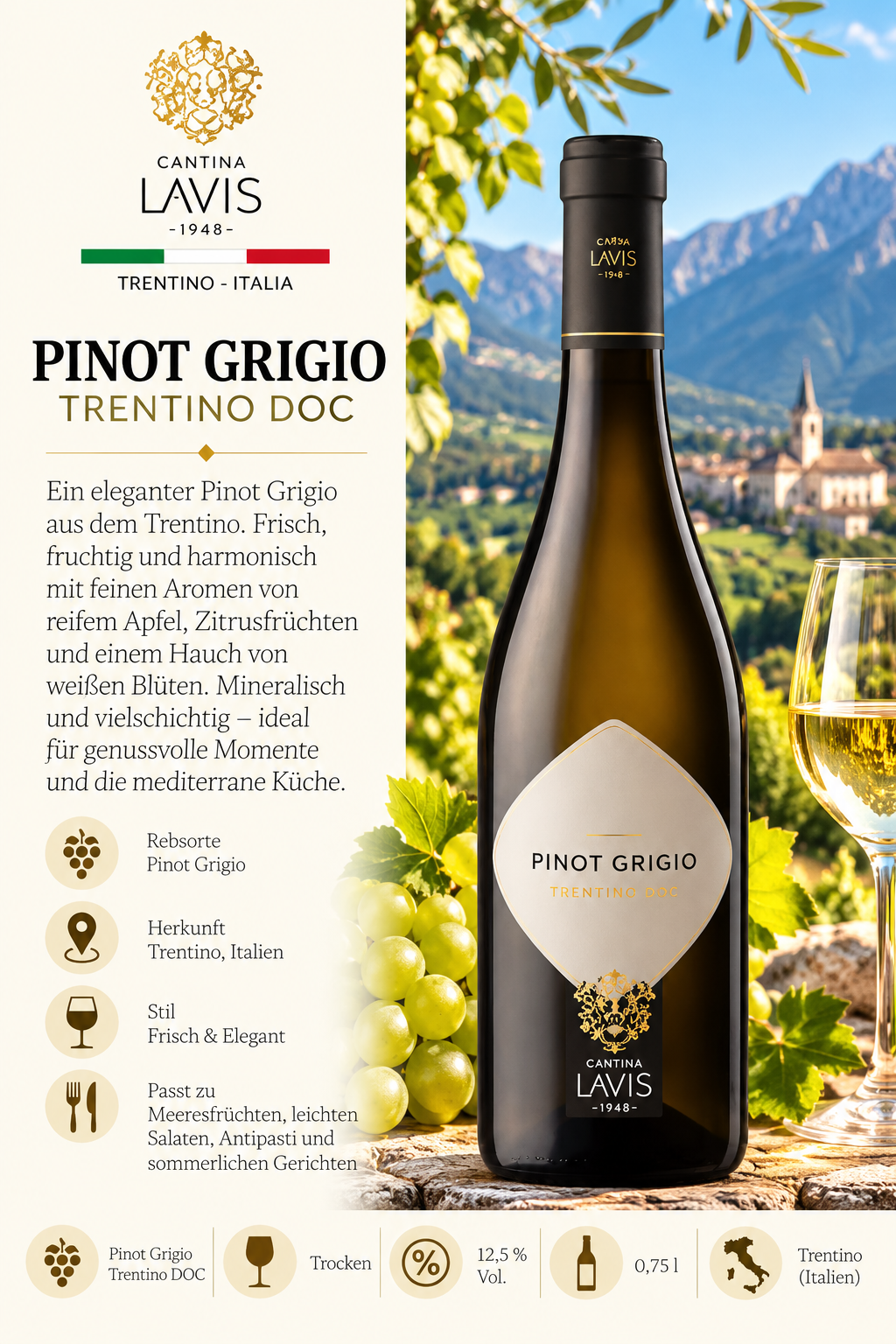 Wein, Pinot Grigio, Trentino, DOC, Tropfen Glas