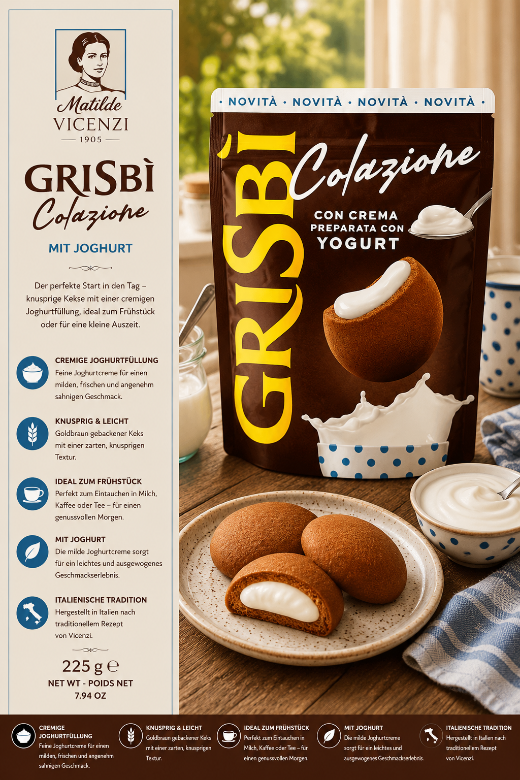 Grisbì Colazione, Joghurtfüllung, Keks-Motiv, Goldbraun, Mandelkekse