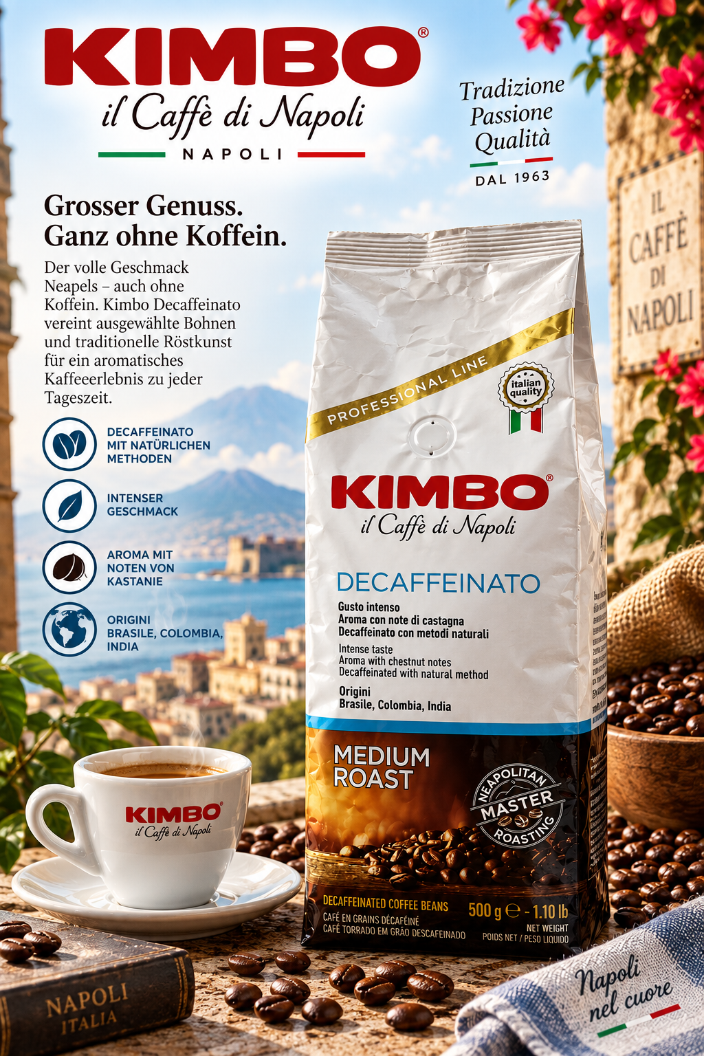 Kaffeebohnen, Dekafiniert, Medium Roast, Espresso, Napoli