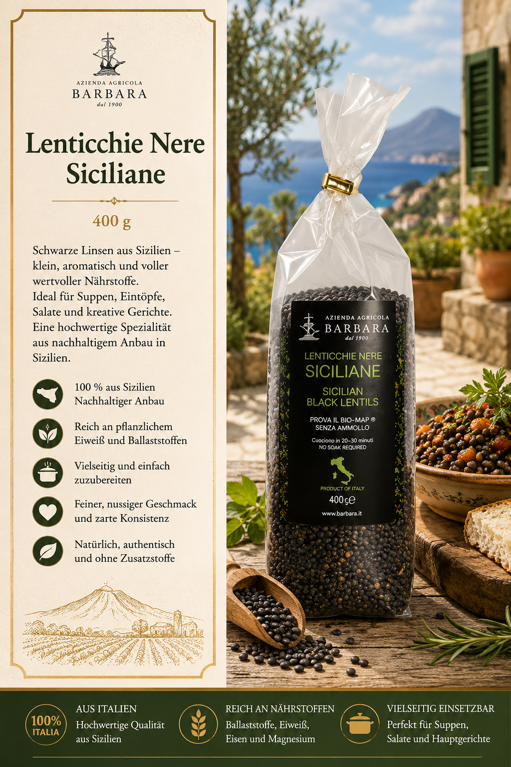 Lenticchie nere, Siciliane, Schwarze Linsen, Italienisches Produkt, Nährstoffe