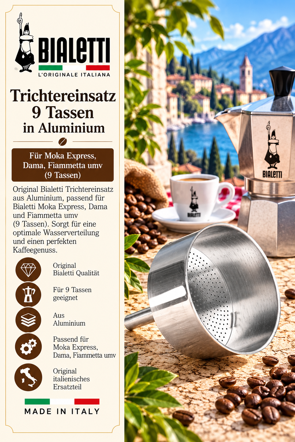 Aluminium-Trichter, Kaffeemaschine, Moka-Express, Filter-Trichter, Made in Italy