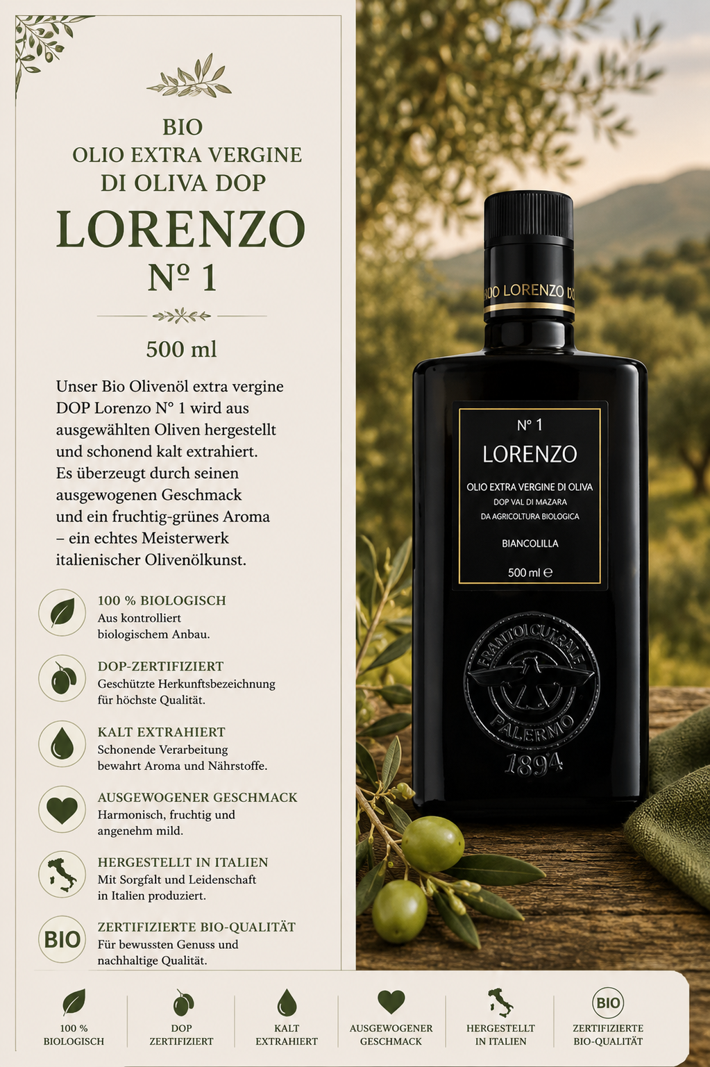 Olivenöl, extra vergine,  biologisch,  organisch,  500 ml