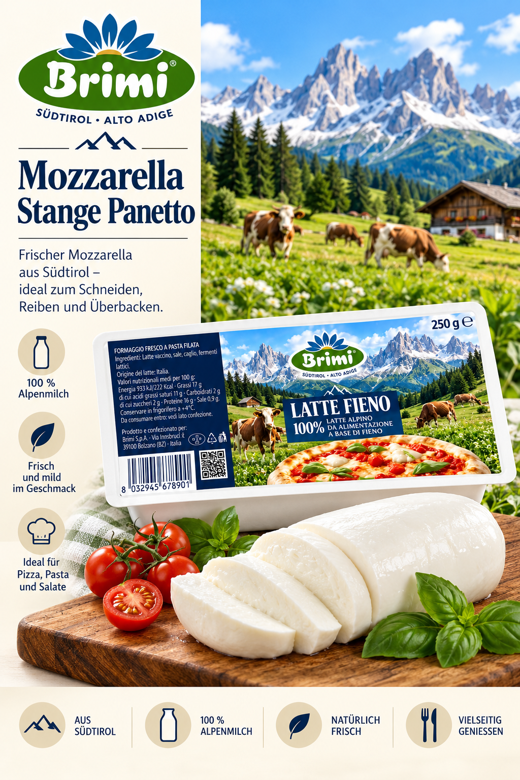 Mozzarella, Stange, Panetto, Alpenmilch, Pizza