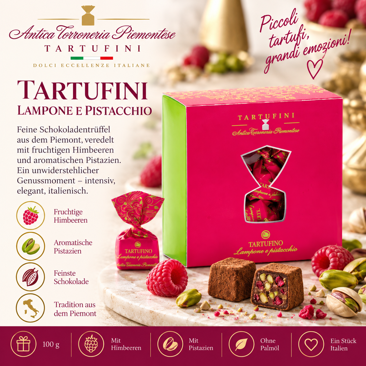 Pralinen, Schokolade, Himbeeren, Pistazien, Italia