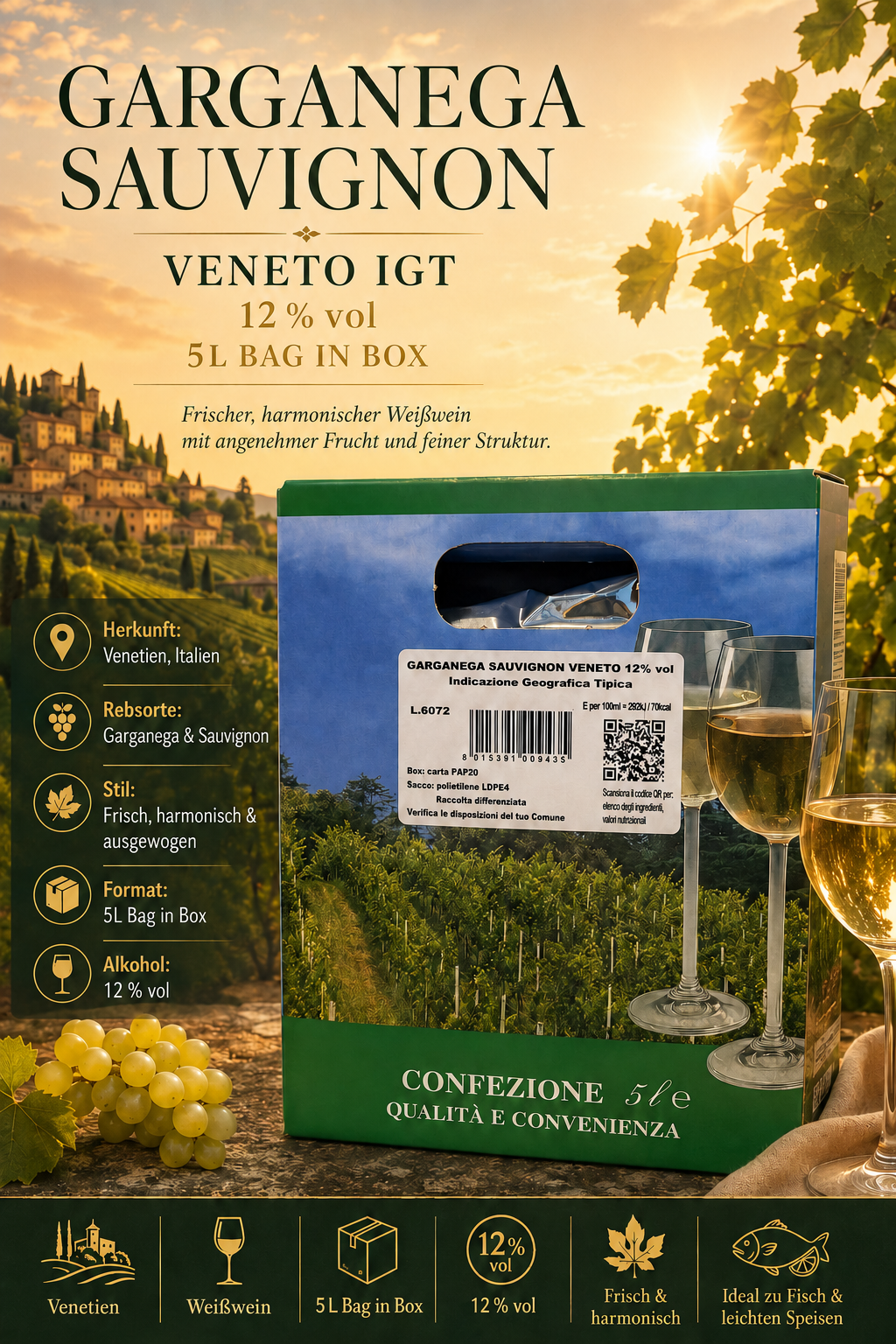 Weißwein, Garganega Sauvignon, Veneto, 5L Bag in Box, 12% vol