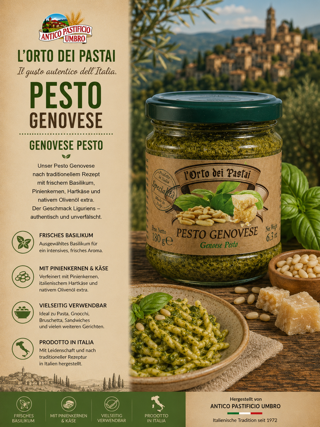 Pesto Genovese, Glas jar, Basilikum grün, Pinienkerne, geriebener Käse