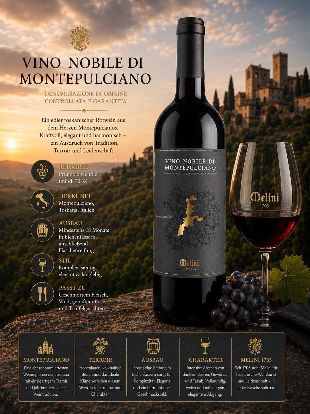 Rotwein, Weinflasche, Montepulciano, Italienischer Wein, Glas Wein