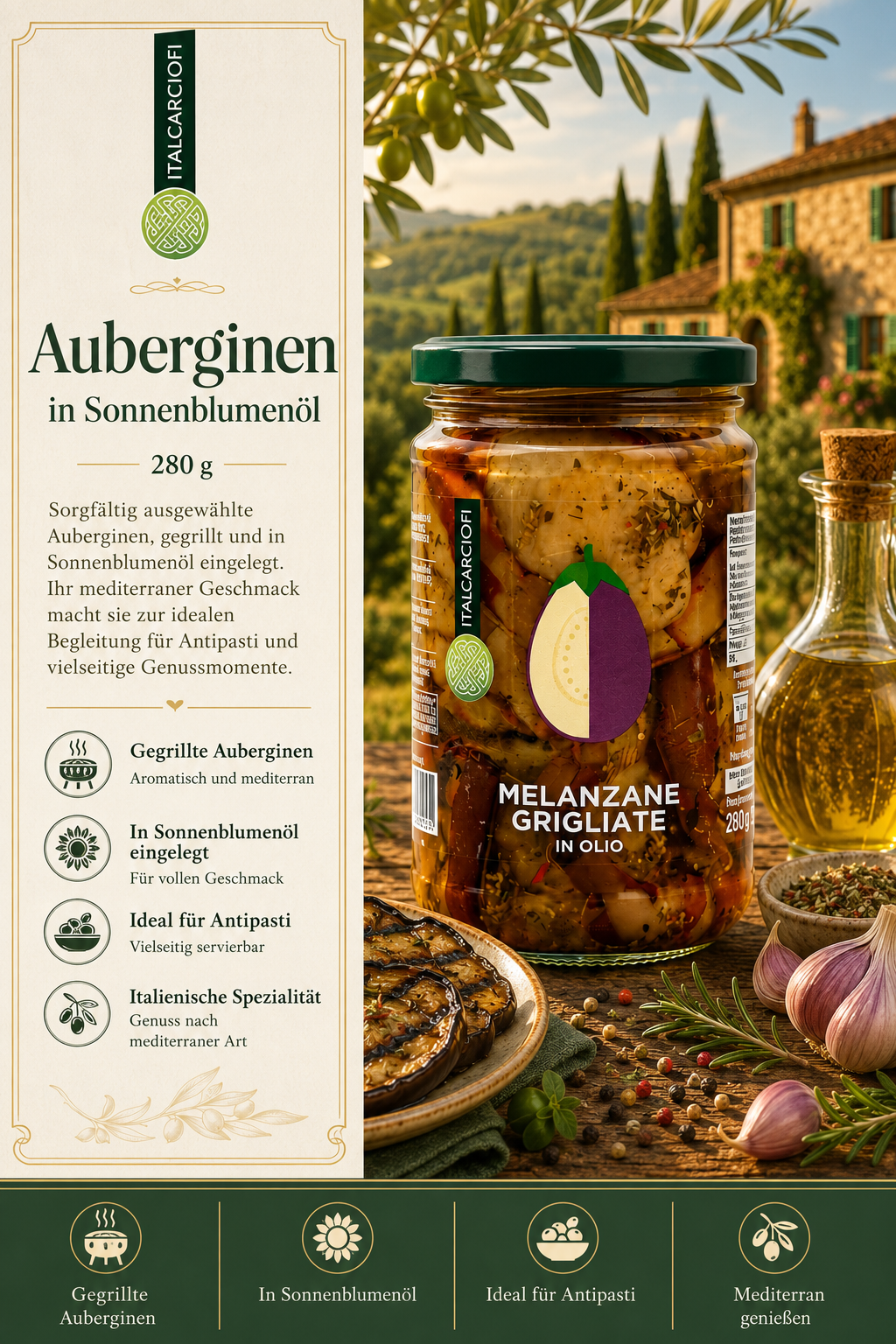 Auberginen, Melanzane, Glas jar, in Öl, Mediterrane Essig